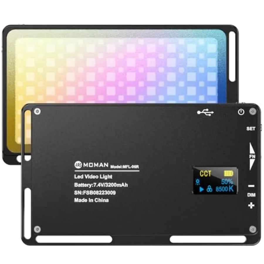 

Portable LED Video Light, Aluminum Alloy On-Camera Light, Built-in Battery and USB-C Charging, 2500K-8500K RGB Dimmable, CRI 96