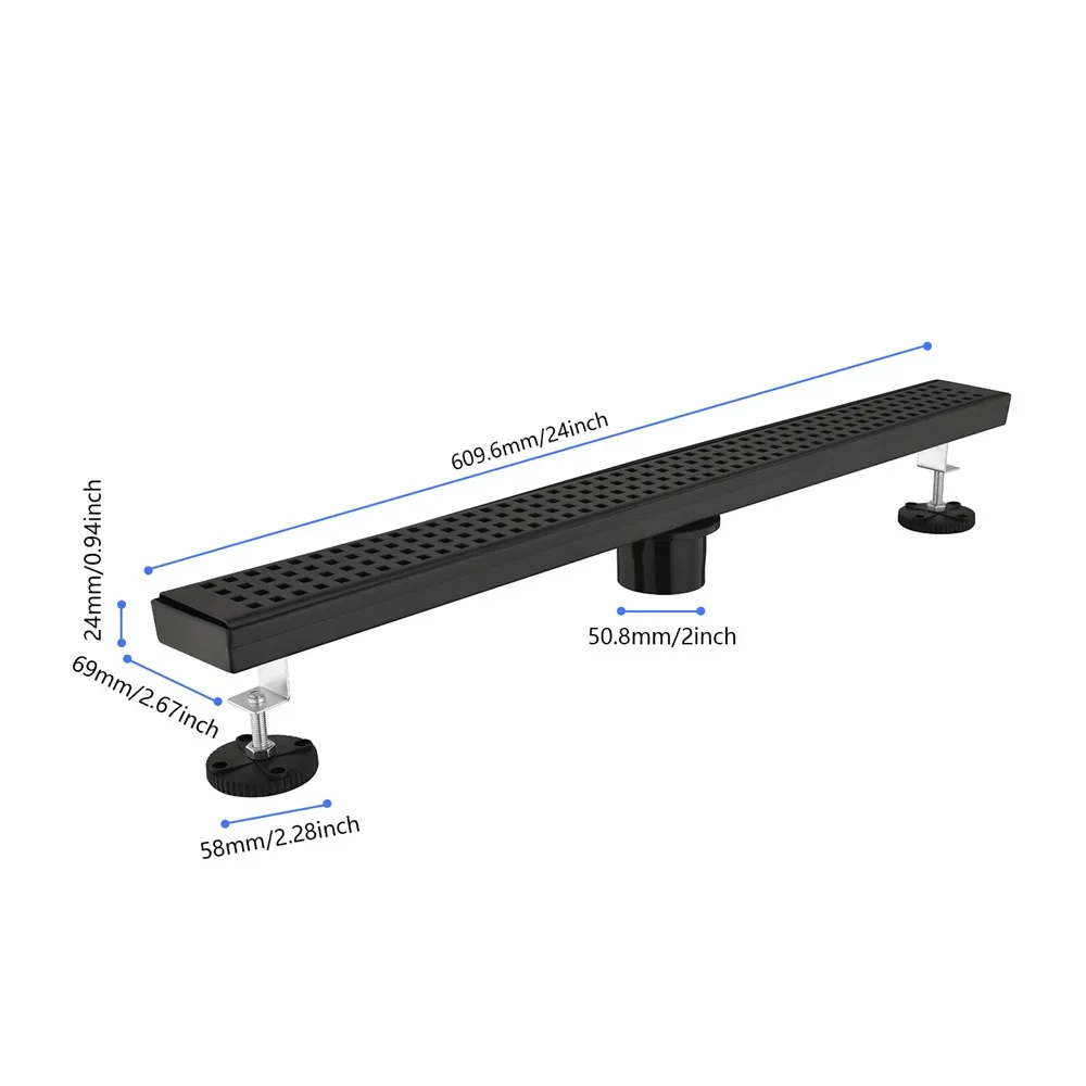 24 Inches Linear Shower Drain with Removable Quadrato Pattern Grate, 304 Stainless Shower Drain Included Hair Strainer