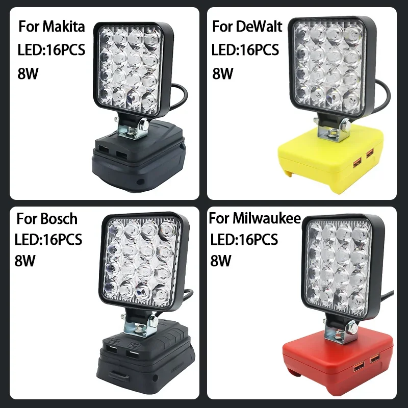 16 Beads LED Car Work Lights Torch Camping Lamp For Makita For DeWalt For Bosch For Milwaukee Lomvum Zhipu Jingmi Li-ion Battery