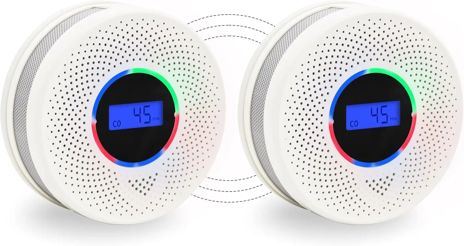 

Беспроводной датчик дыма и угарного газа с 10-летним сроком службы батареи, защита от пожаров для дома с ЖК-дисплеем (комплект из 2 шт.)