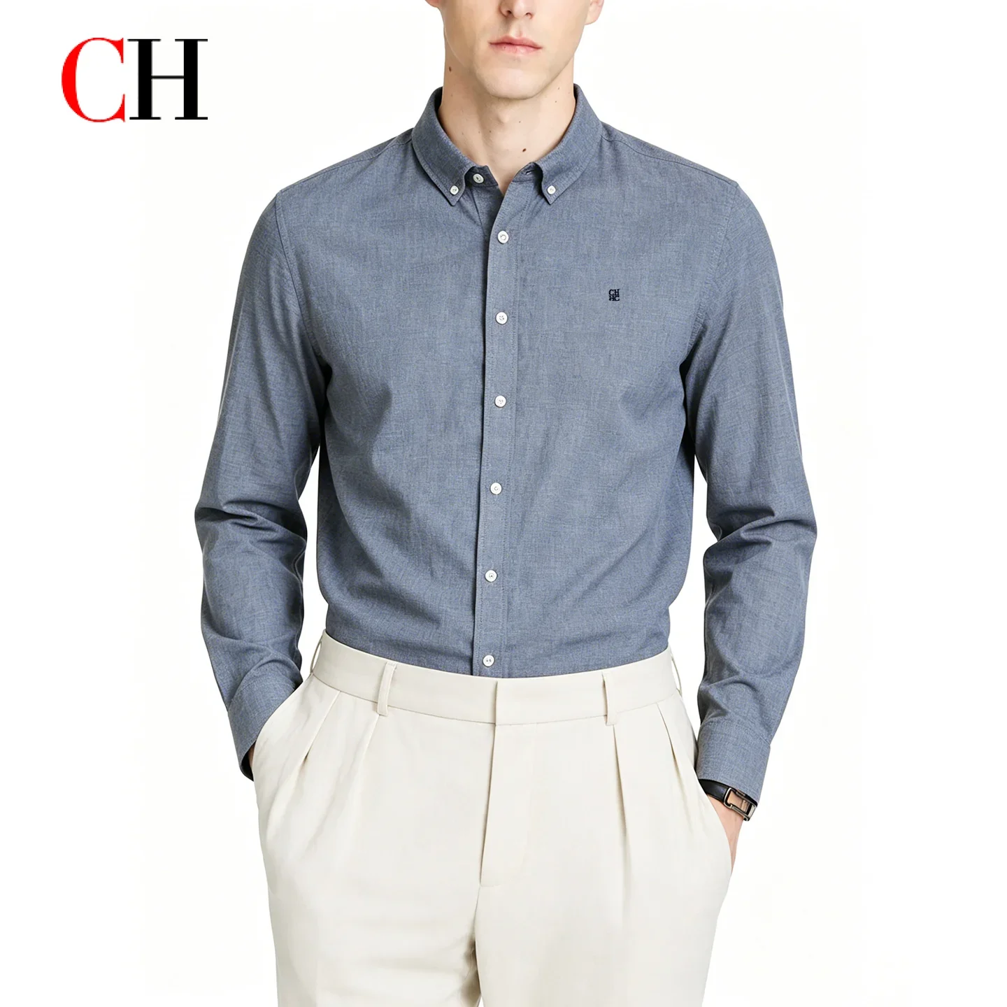 CH Mens Timeless Button Down Collar Low Key Tiny Sign Embroidery Clean Curved Hem Long Sleeve Shirt Office Layering Wear