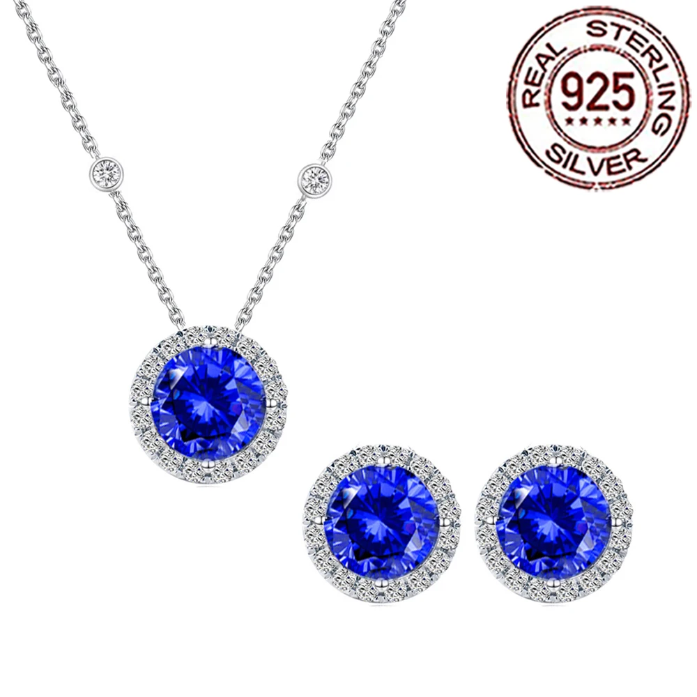 CWWZircons 925 Sterling Silver Luxury Dark Blue Round CZ Crystal Necklace 2Pcs Set for Women Fine Anniversary Jewelry Gift ST024