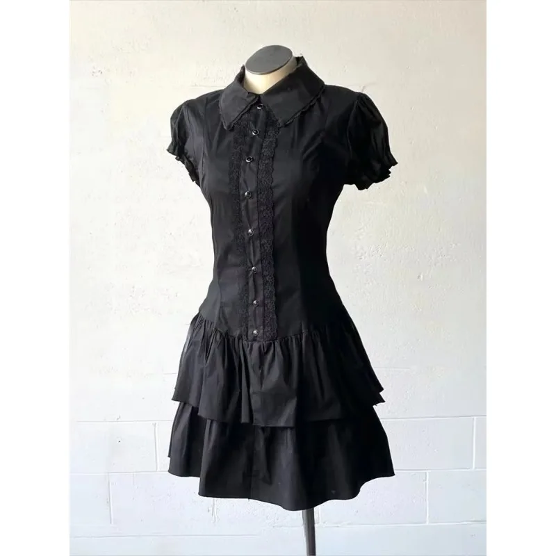 Summer Women Black Short Sleeve Lapel Dress Vintage Y2K Patchwork Slim Gothic Streetwear