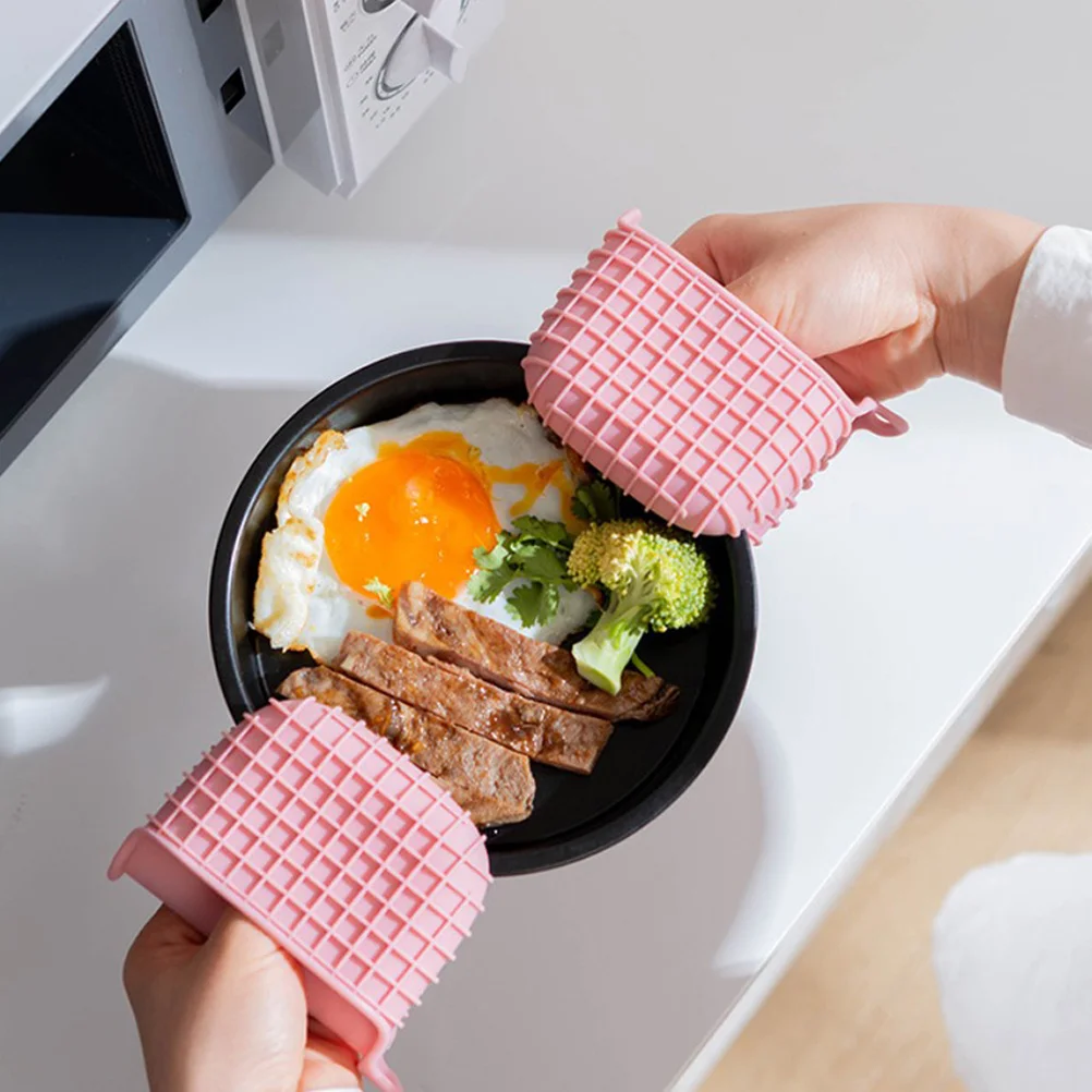 

2Pcs Heat-Insulating Silicone Oven Gloves Light Pink Thickened Wear-Resistant Anti-Scalding Microwave Hand Clips