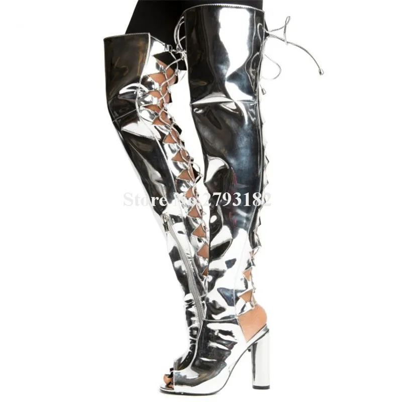 

Silver Patent Leather Over Knee Boots Fashion Women Peep Toe Chunky Heel Long Thick Heel Boots Back Lace-up Party Dress Shoes