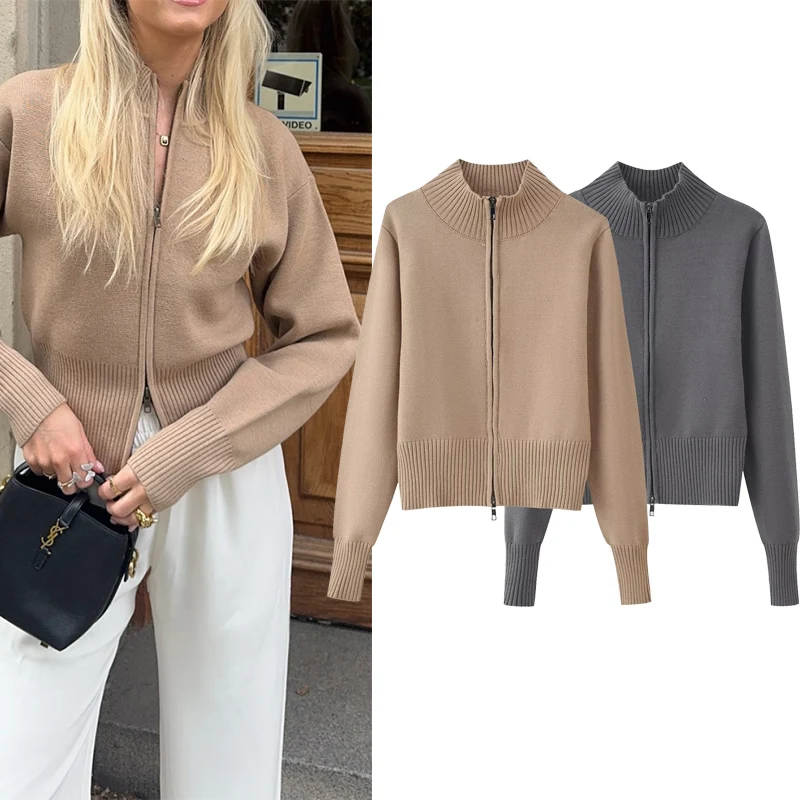 

Autumn Solid Color Stand Collar Long Sleeve Zipper Knitted Cardigan Women Cinched Waist Slim Sweater Tops Female Casual Wear