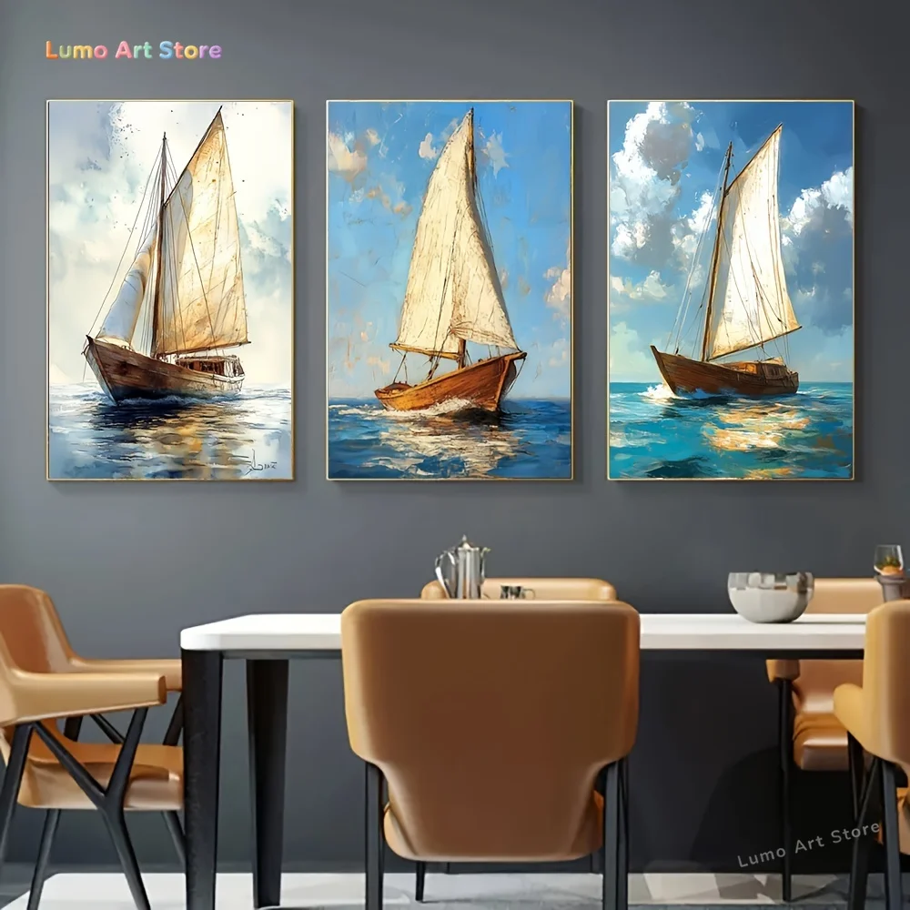 3pcs Sailboat Seascape Canvas Art Set - Frameless, High-Definition Prints with Fade-Resistant Ink, Perfect for Home & Office