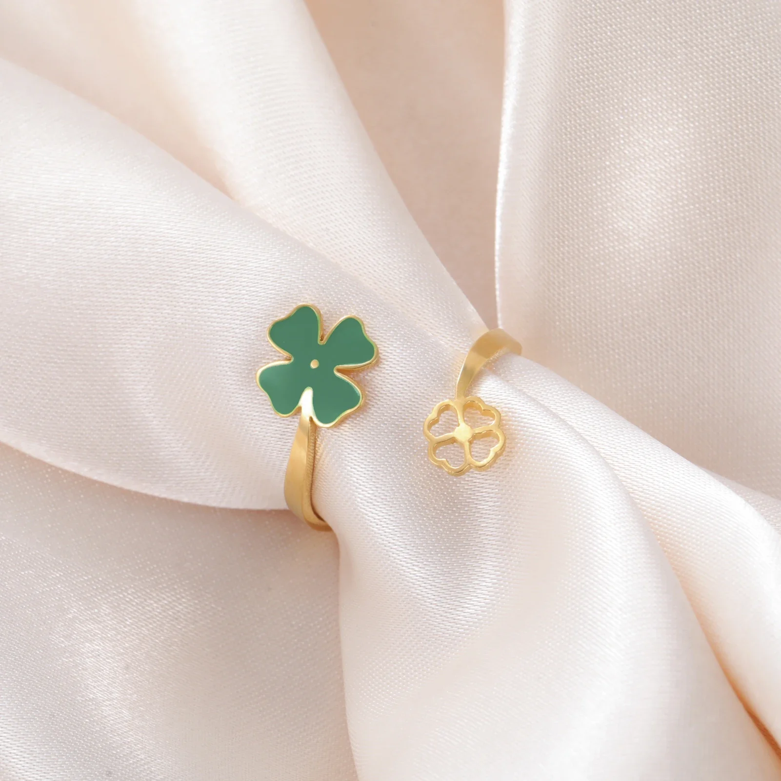 Fashion Green Flower Four Leaf Clover Adjustable Rings for Women Stainless Steel Stacking Promise Rings Fine Jewelry Gifts