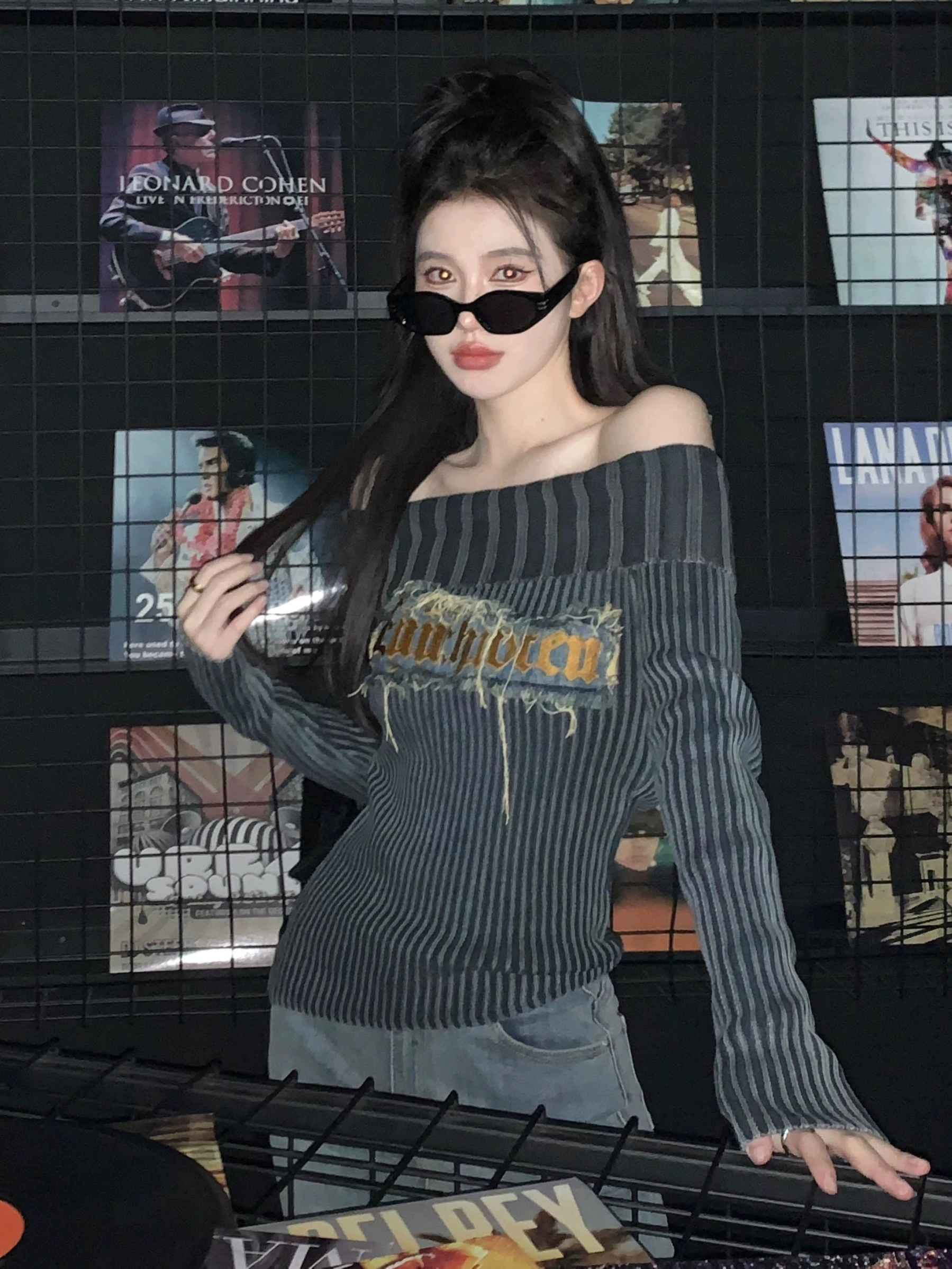 QWEEK Grunge Sweater Women Y2k Off Shoulder Knitted Pullover Punk Vintage Slim Fit Sexy Pulls Aesthetic 2000s Long Sleeve Jumper