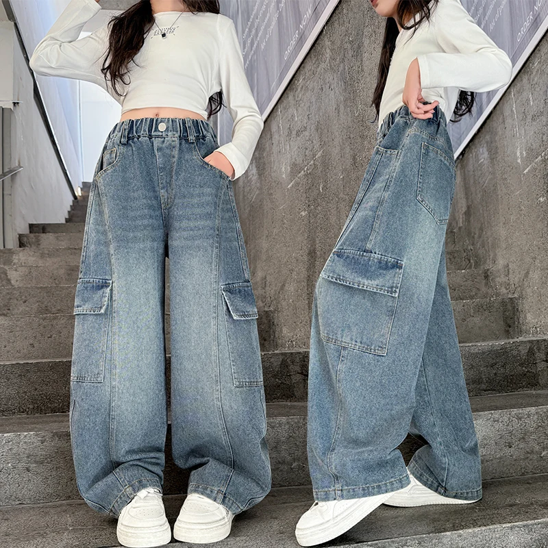 

New Stylish Children Carpenter Cargo Jeans for Girls High Fashion Street Denim Pants Kids Cool Spring Autumn Wide Jeans Trousers