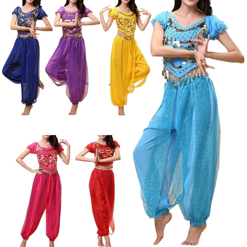 Conjunto de traje de danza del vientre para mujer, Tops de lentejuelas con pantalones Harem, Top corto, pantalones Harem, traje de baile árabe para Halloween