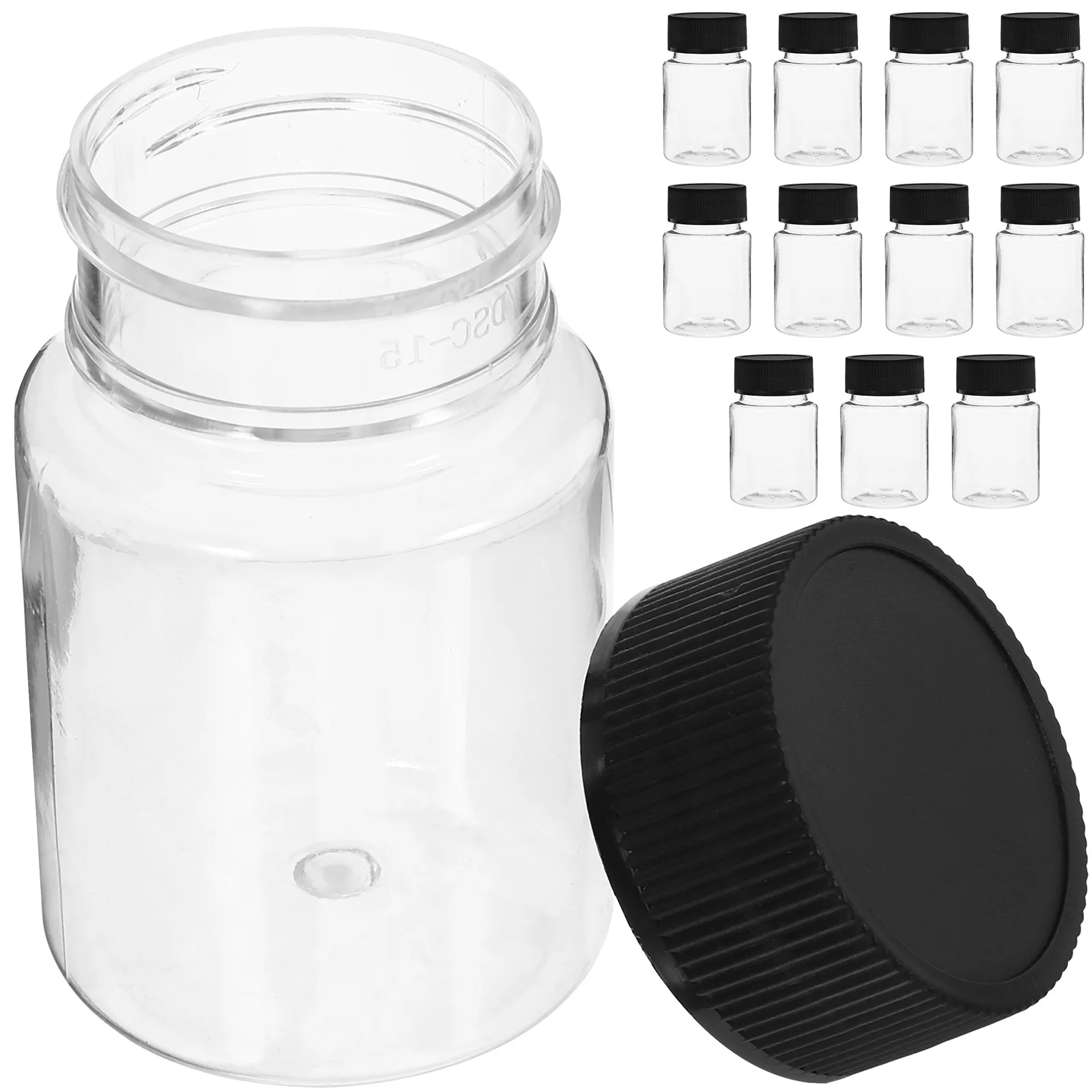 

12pcs 50ml Sampling Bottles Wide Mouth Black Cap Small Plastic Vials Lab Bottle Sealed Container Travel Home Use