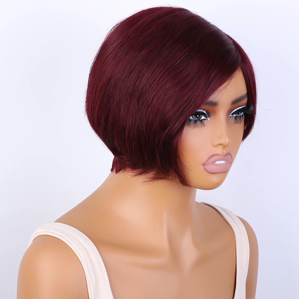 Lekker Burg Red Short Pixie Cut 100% Human Hair Wigs For Women Brazilian Remy Hair Full Machine Made Straight Colored Bob Wigs