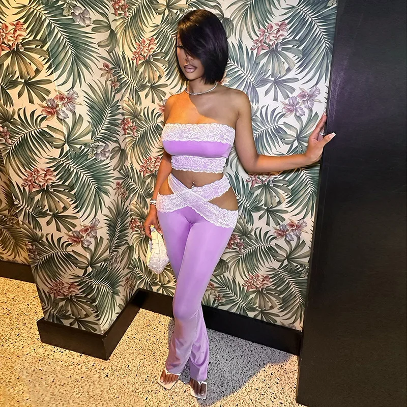 

BKLD Women Clothing Sexy Lace Patchwork Strapless Crop Tops Cross Waist Hollow Out Tight Pants Two Piece Sets Night Club Outfits