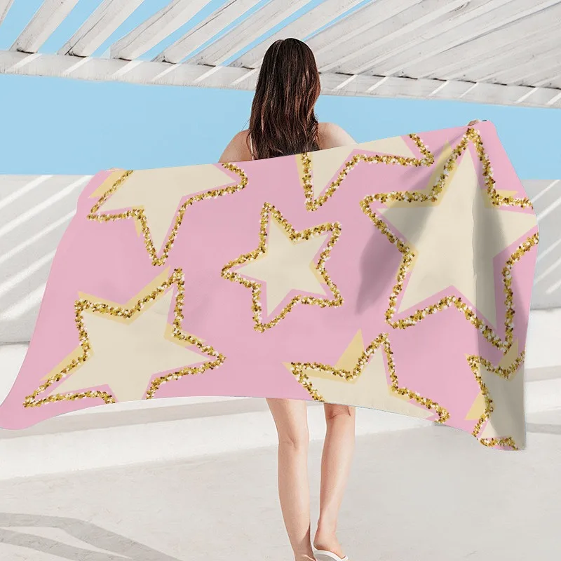 

Pastel Pink Gold Star Polyester Beach Towel Aesthetic Y2K Swim Towel Sand Free Quick Drying Bath Blanket for Summer Beach Spa