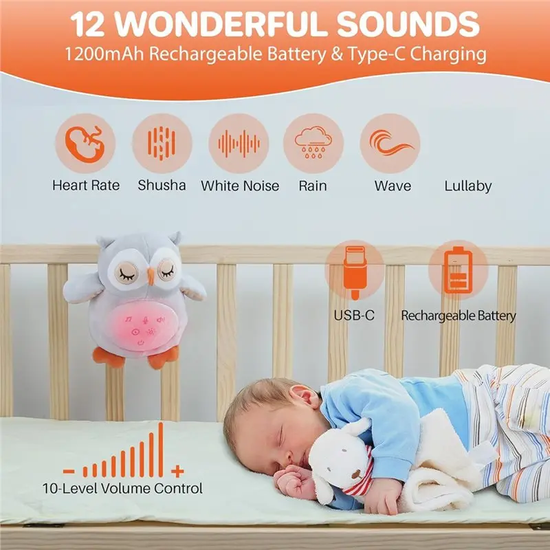 ABKW-Owl Baby Sound Machine With Red Light, Rechargeable Wireless Speaker, Soother 12 Soothing Sounds, Recording Function