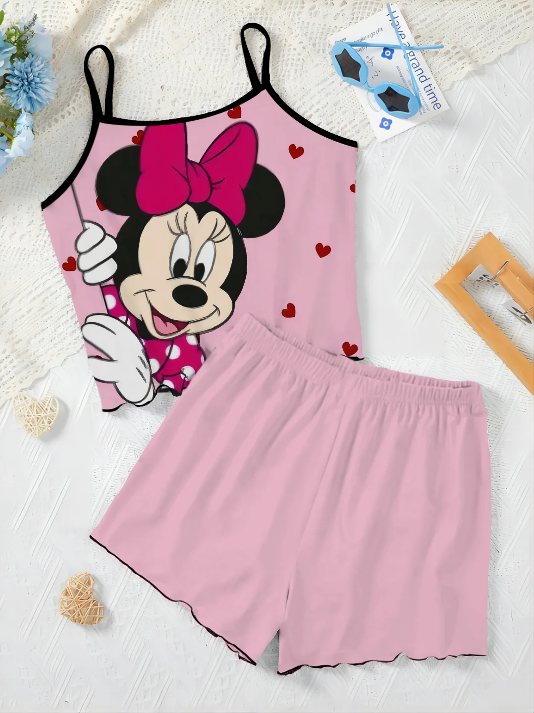 Mickey Elegant Women's Sets for Women 2 Pieces Slip Dress T-shirt Top Pajama Skirt Minnie Mouse Lettuce Trim Disney Short Suit