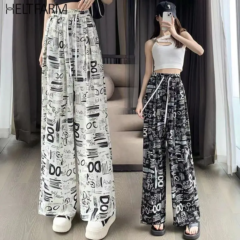 

Fashion Casual Thin Trousers Letter Print Graffiti Wide-leg Pants High-waisted Chiffon Loose Straight Pants