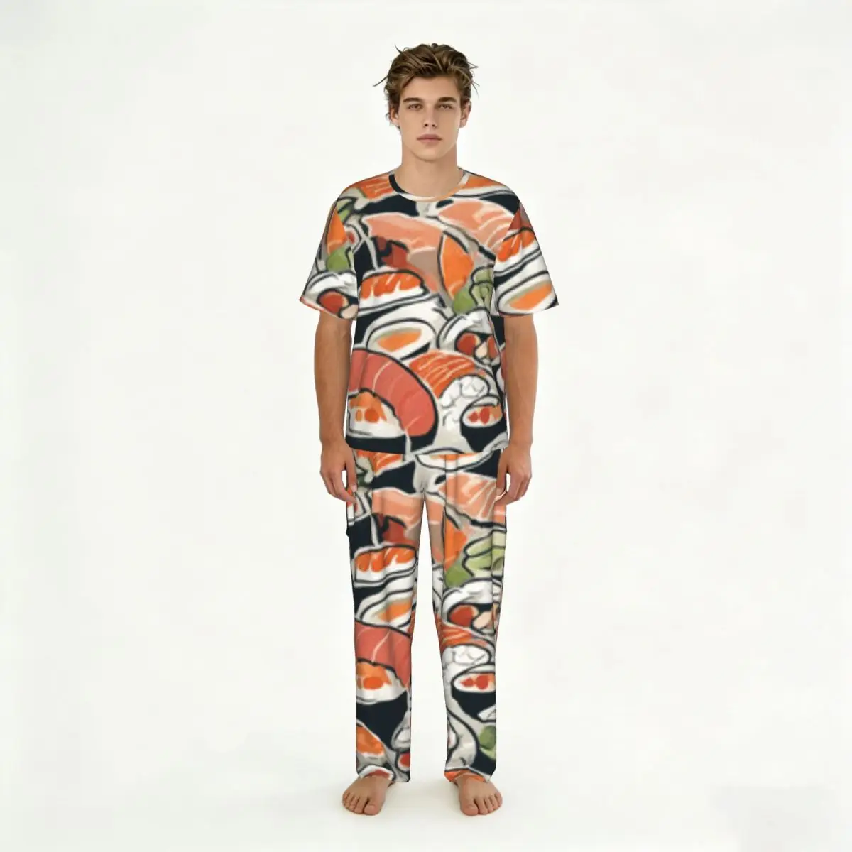 

Men's Casual Pajamas Sets Short Sleeve and Pants Sets Male Sleepwear Sushi Rolls In Assortment Sashimi Background Home Clothes