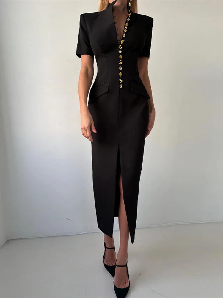 Tief Ausgeschnittenes Kurzarm-Kleid mit Taillenschnürung Langes Damenkleid Sexy Einreihiges Einfarbiges Schlankes Party-Abendkleid Schickes Damenkleid Vestido – Detail 23