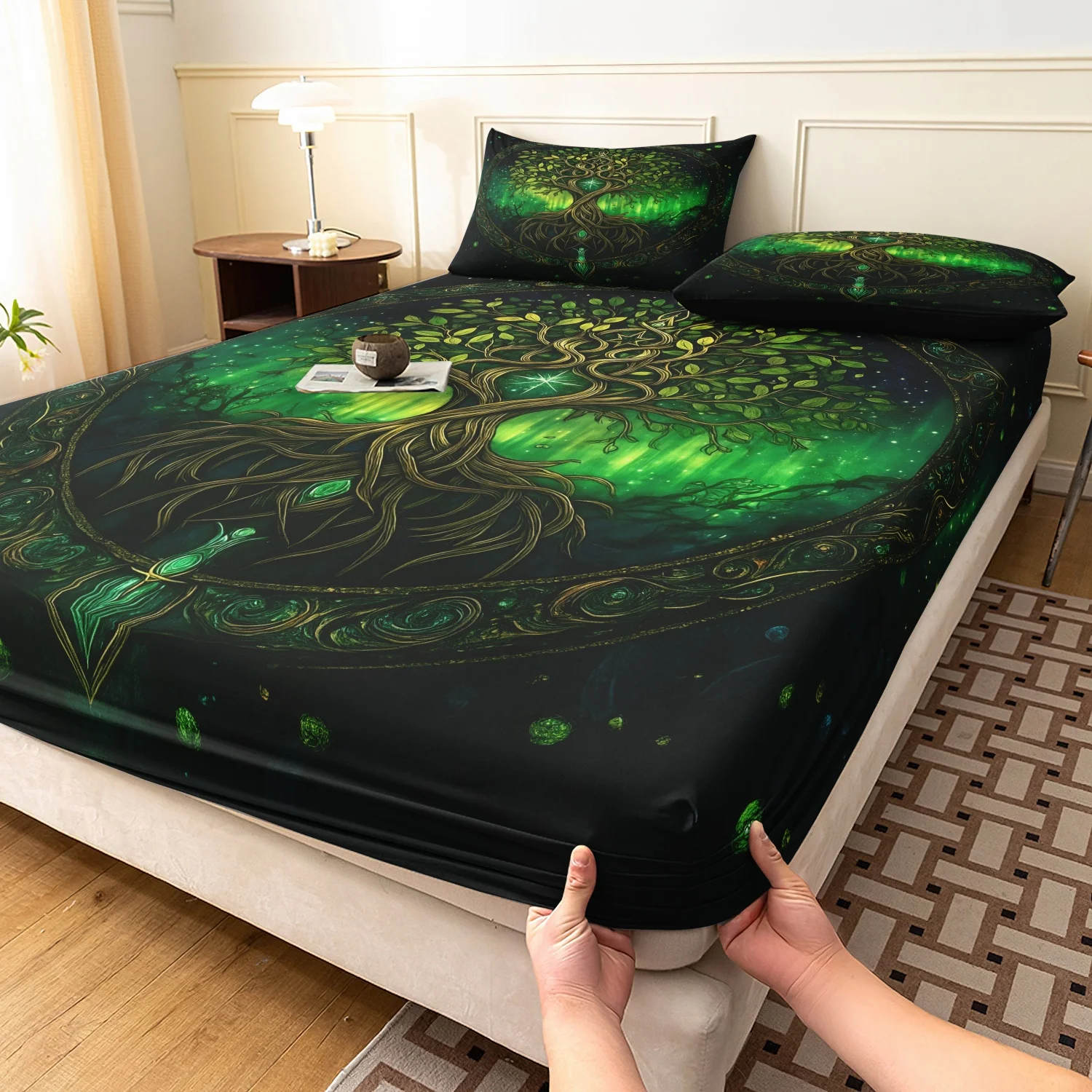 3Pcs Dark Black Green Tree of Life Fitted Sheet Set, Delicate Mandala Sacred Forest Root Art Print Bedding, For All Season Home
