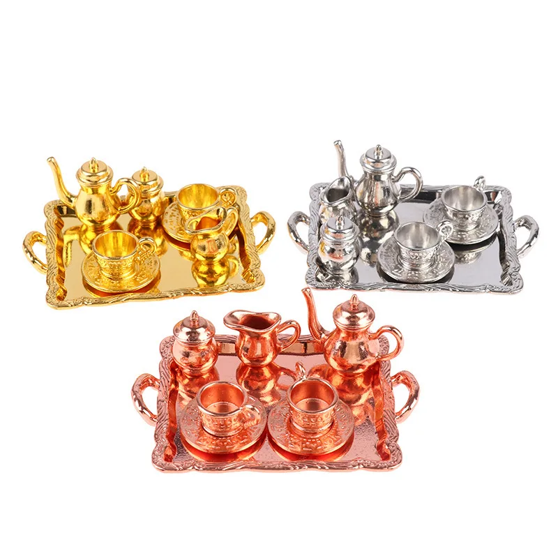 8Pcs/Set Dollhouse Mini Alloy Pattern Tea Set Kitchen Miniature Simulation Toy Decoration DIY Sand Table Pocket Model