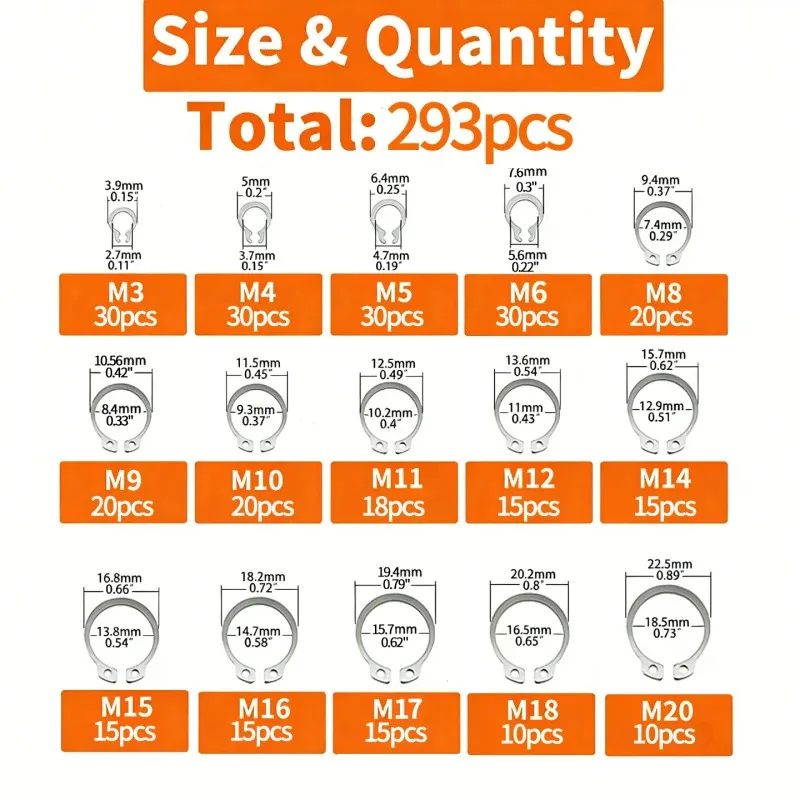 293Pcs M3-M20 304 Stainless Steel External Circlip Set C-Type Snap Ring Metric Retaining Ring for Shaft Hardware Fasteners