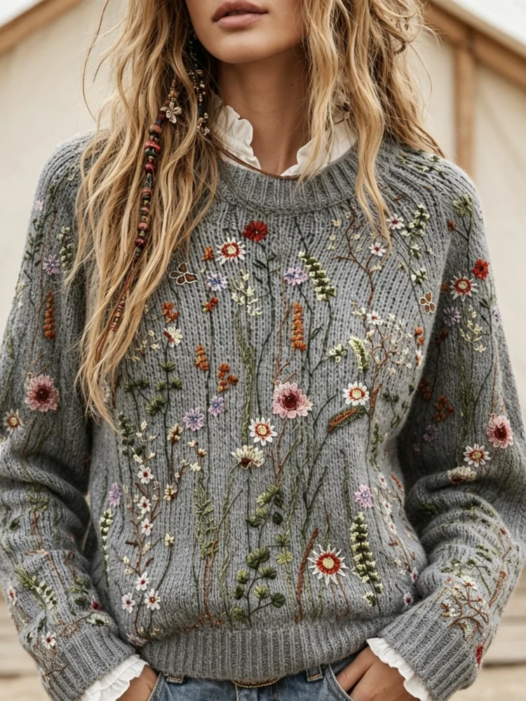 Lady Heather Grey Wildflower Embroidery Printed Knit Pullover, Round Neck Long Sleeves, Loose Floral Pattern, Country Style, Suitable for Daily Outdoor Casual Country Vacation Wear