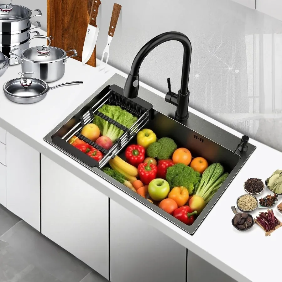 

33-дюймовая кухонная мойка с верхним креплением из нержавеющей стали SUS304, нано-коричневая, черная, одинарная раковина для приготовления кухни и бара