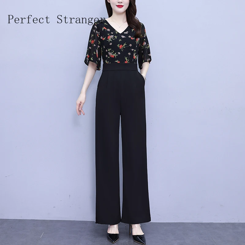 

2024 Women Summer Elegant V-neck Strap Casual Female Flower Fake Two Pieces Wide-Leg Jumpeuits With Pockets Large Size
