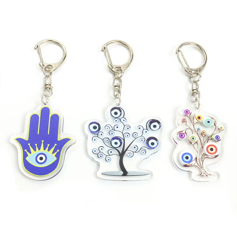 Turkish Blue Evil Eye Hamsa Hand Acrylic Keychain Mysterious Eyes Fatima Hand Keyring Bag Keys Pendant Men Women Jewelry Amulet