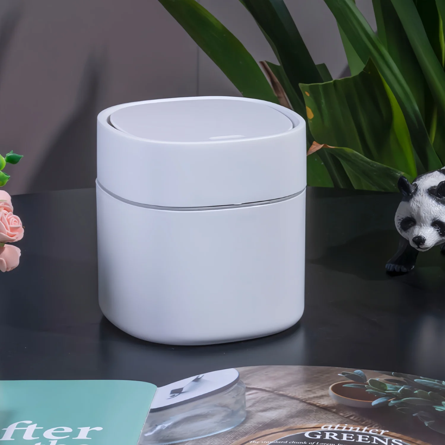 White Plastic Mini Trash Can - Modern Cylinder Push-Top Lid - Perfect Bedside  Bin, Discreetly Covered & Cute Car Garbage Basket