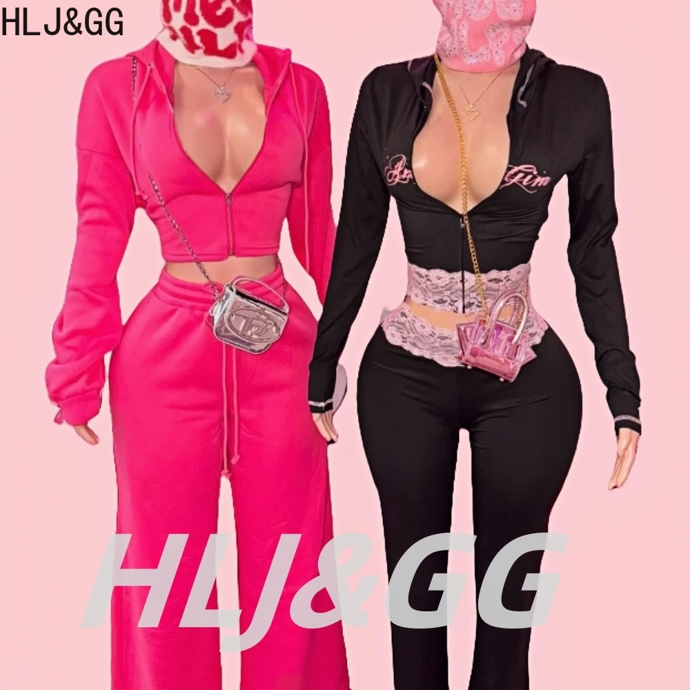 HLJ&GG Black Y2K Letter Printing Hooded Lace Splicing Two Piece Sets Women Zipper Long Sleeve Slim Top And Pants Outfits 2025