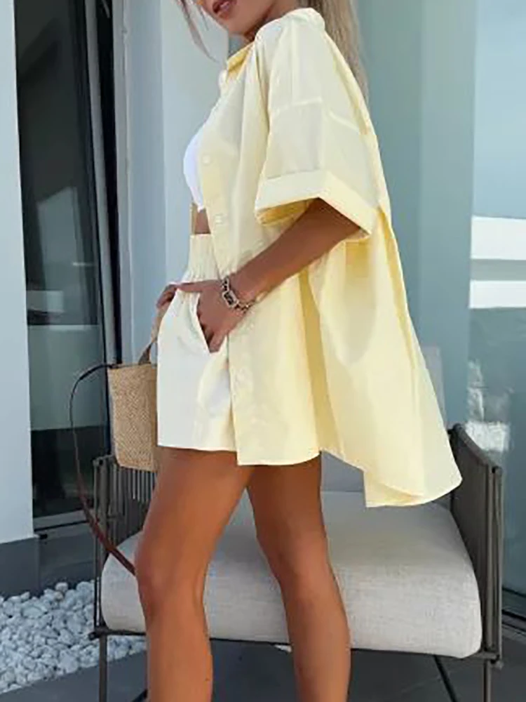 المرأة فضفاضة نصف كم الصلبة قطعتين مجموعة السراويل غير رسمية الشارع ارتداء الإناث مطابقة دعوى الصيف السراويل الزي سيدة أنيقة مجموعة