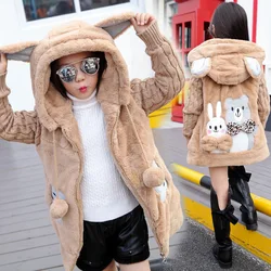 4 5 6 8 10 12 Years Winter Girls Plush Jacket Rabbit Bear Warm Christmas Princess Coat Hooded Windproof Outerwear Kids Clothes