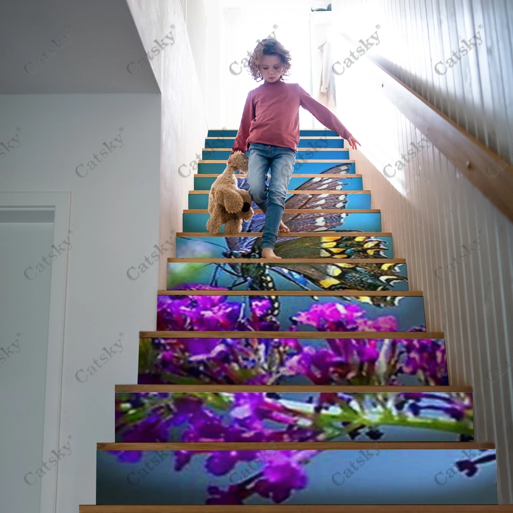 Purple Flower Butterfly Stair Stickers Self Adhesive Staircase Sticker for Stairway Covering PVC Home Renovation Staircase Tread