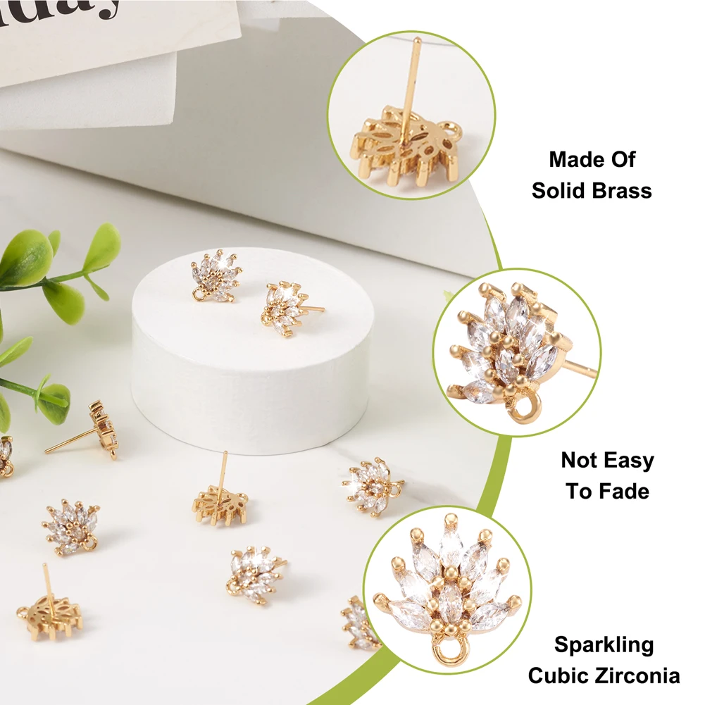 10 Pairs Brass Cubic Zirconia Stud Earring Flower Findings For Women Jewelry Making DIY Post Connector Accessories 12x11.5x2.5mm