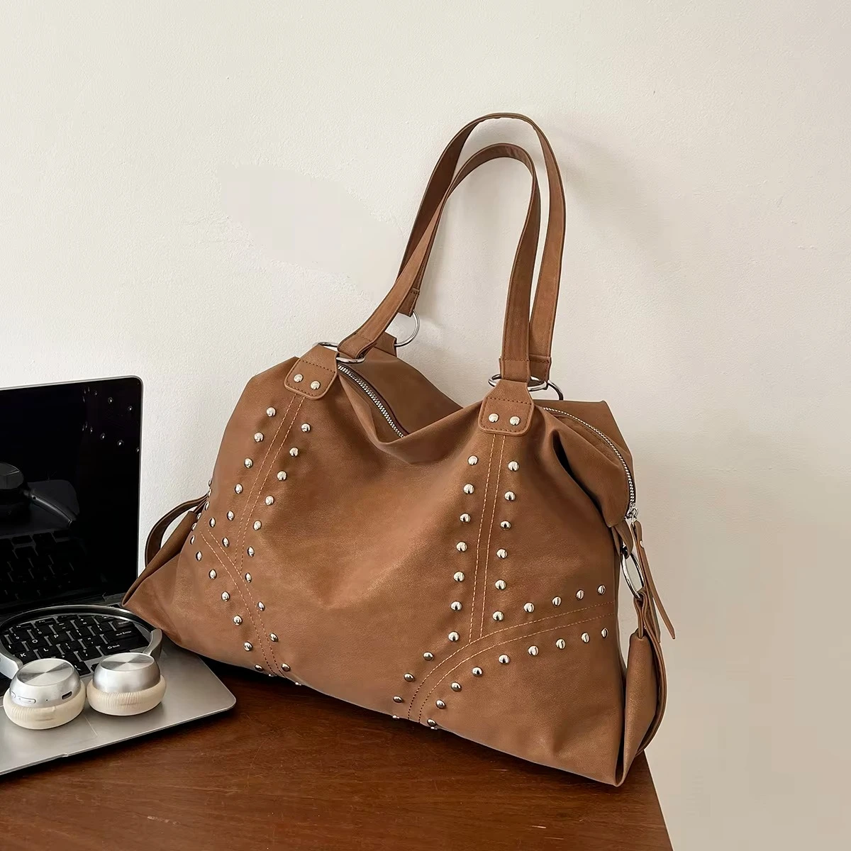 Large Capacity Tote Women Designer Soft Hobo Bag Vintage Studded Shoulder Purse Metal Rings Casual Work Travel