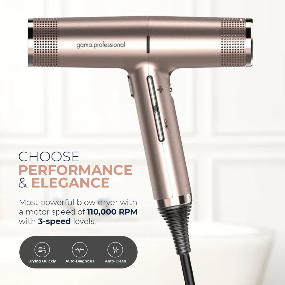 Hair Dryer Rose Gold - IQ Perfetto Lightweight, Powerful Pro Salon Blow with Diffuser & 2 Concentrator Nozzle Attachment Tools