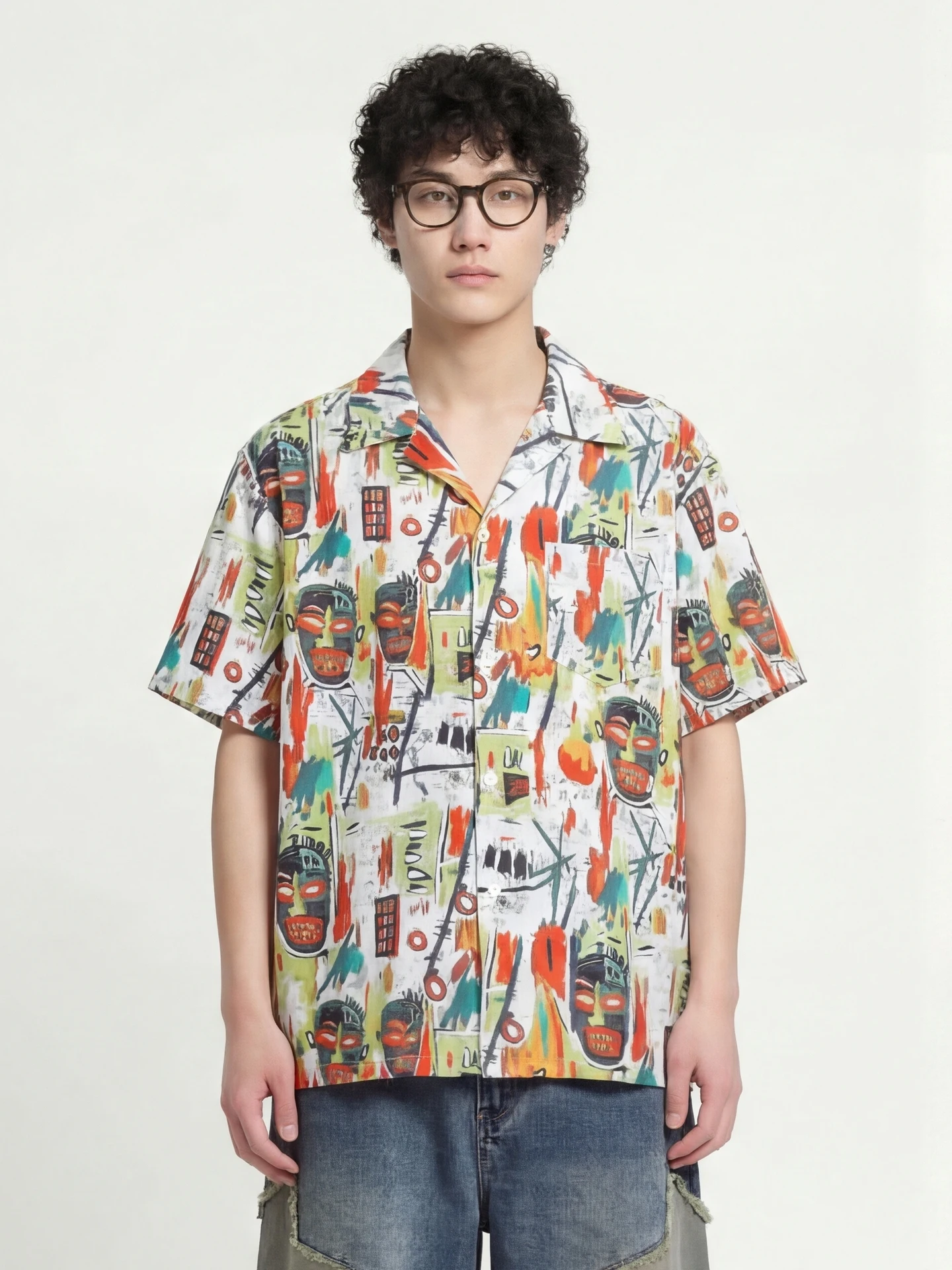 

from Graffiti Mask Vintage Streetwear Printed White Shirt Summer Loose Cuban Collar Short Sleeve Men's Casual Shirt