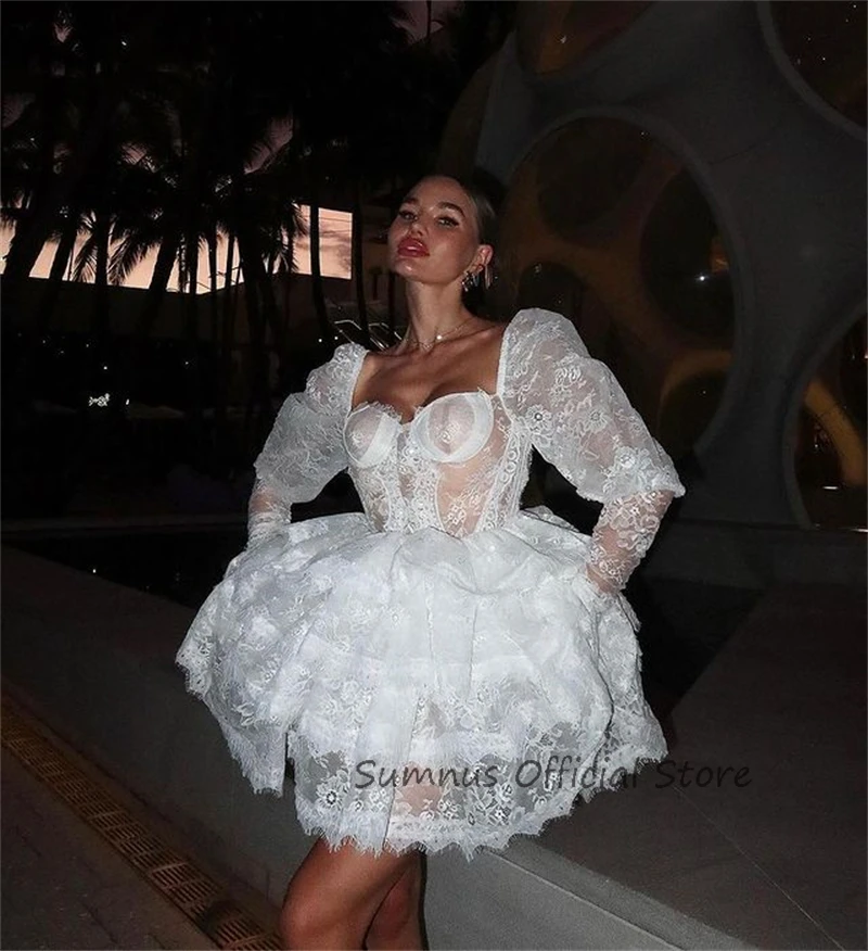 SUMNUS Boho Short Wedding Dress Long Sleeves Full Lace Party Dresses Tiered Puffy Princess Sweethert Illusion Bridal Gowns