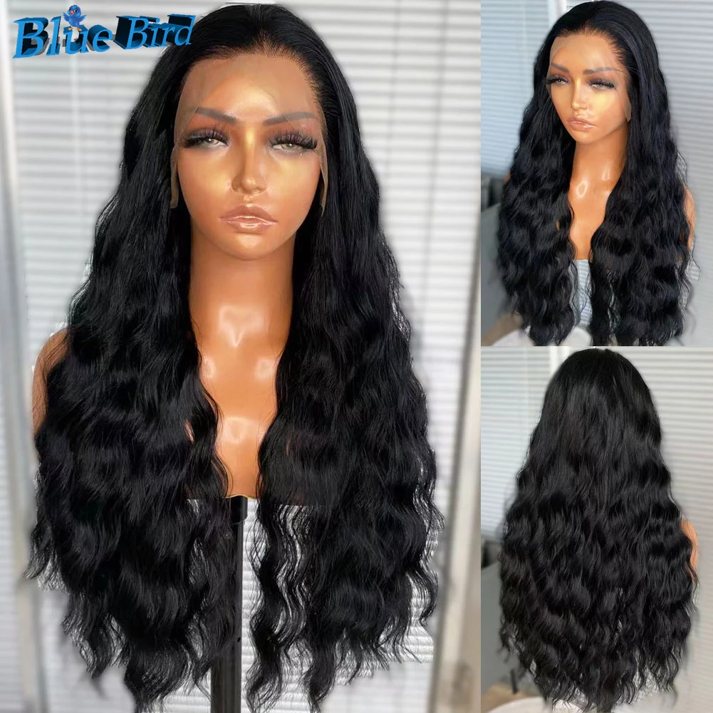 BlueBird Glueless Futura Synthetic Lace Front Wigs For Black Women 13X4 Pre Plucked Long Black Water Wave Wig Natural Hairline