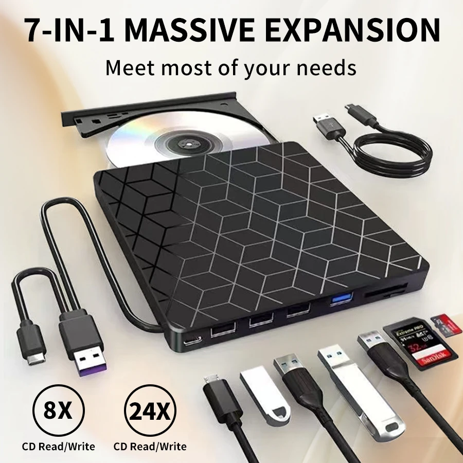 

Портативный DVD-плеер 7-в-1, внешний CD/DVD-привод, USB 3.0 и записывающее устройство Type-C для настольных ПК, Windows, внешний дисковод для мультимедиа