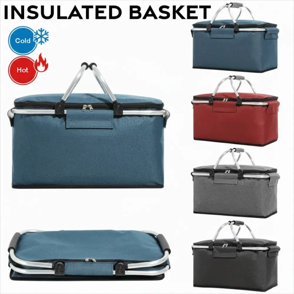 Large Capacity Insulated Picnic Basket Aluminum Foil Lining Strong Metal Handle Thermal Lunch Bag Oxford Cloth Material