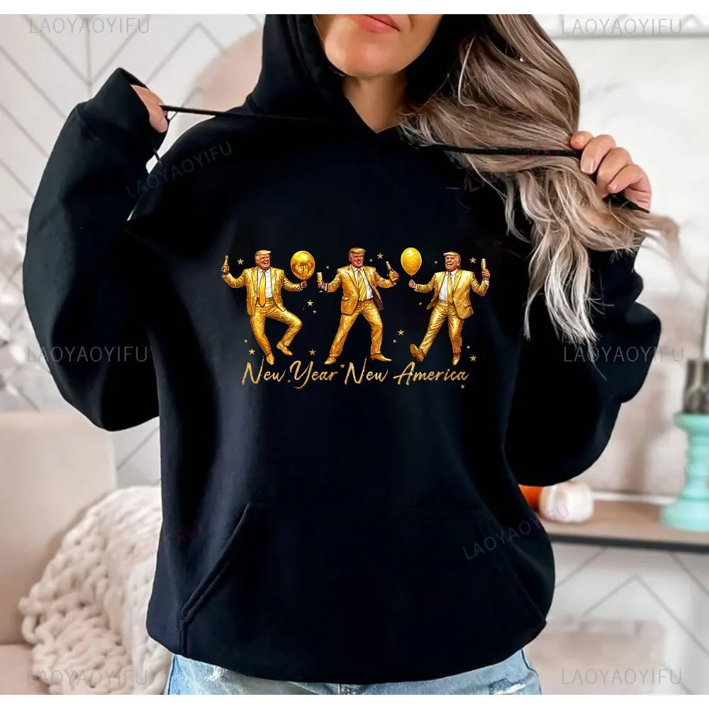 Funny Trump Celebrating Happy New Year Men Women Long Sleeve Sweatshirt Trump 2025 Presidential Inaugural Family Hoodie Women