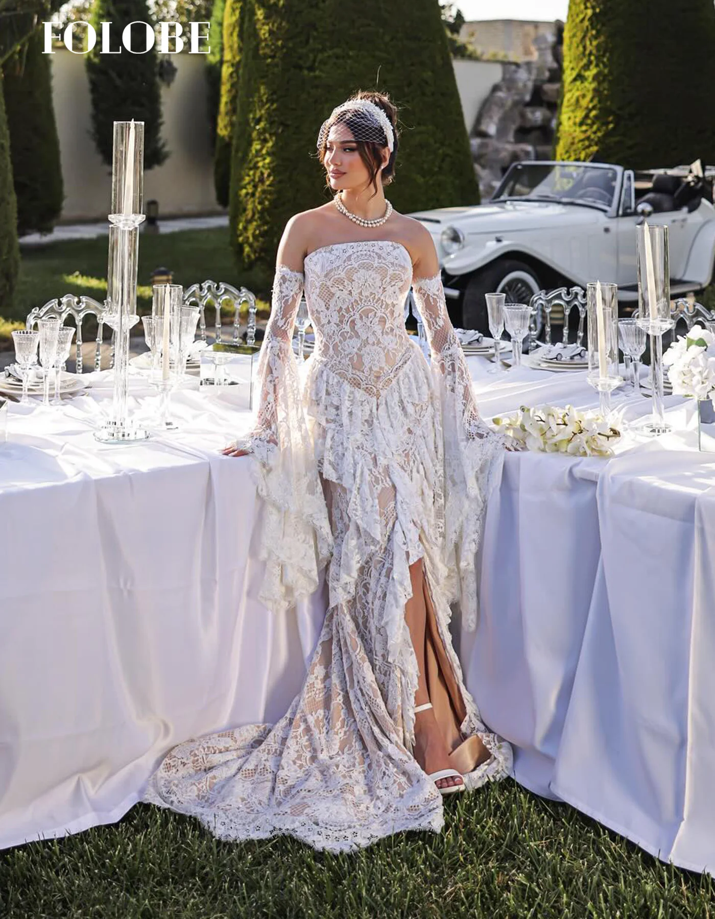 FOLOBE robe de mariée sans bretelles dentelle exquise sirène avec manches évasées balayage Train robe de mariée vestidos de noche personnalisé