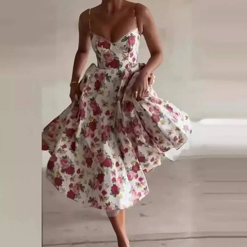 Elegante Off Schulter Dame Hosenträger Sommer Sexy Ärmellose Taille Puffy Lange Fashion Floral Print EINE Linie Party Kleid