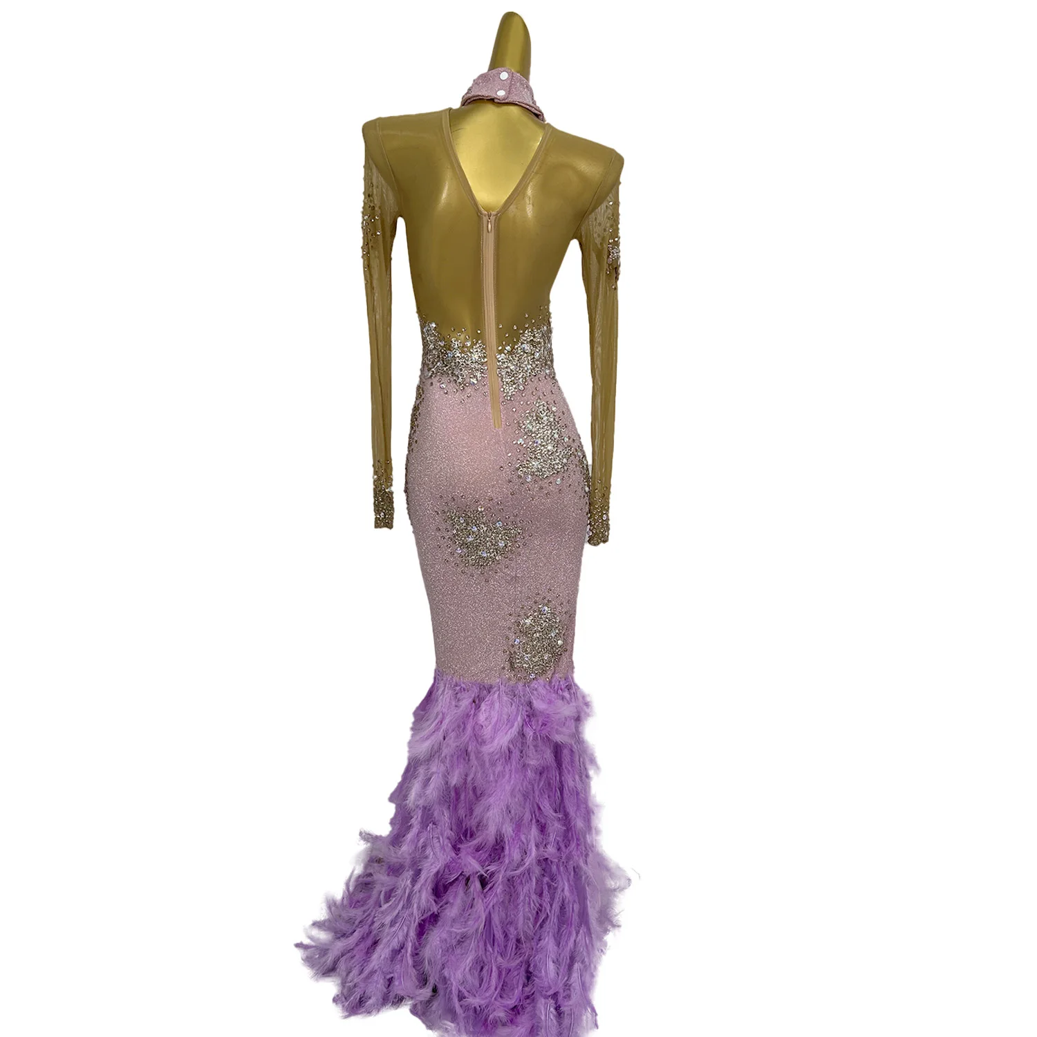 Elegancka Sukienka na Urodziny z Kryształkami i Cekinami, Syrenka, Długa Suknia Wieczorowa Damska z Piórami, Sukienka na Bal Maturalny, Sukienka Wieczorowa z Trenem