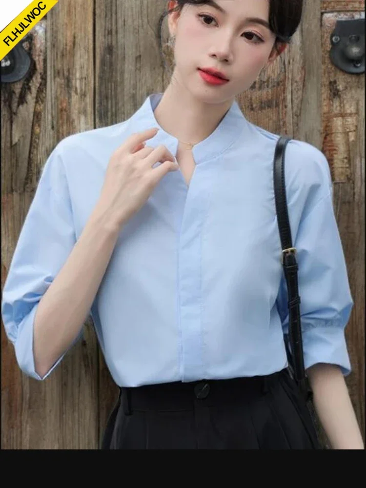 

Formal White Shirts Work Office Lady Cute Sweet Japan Girls Preppy Style Solid V Neck Cotton Blends Tops Blouses