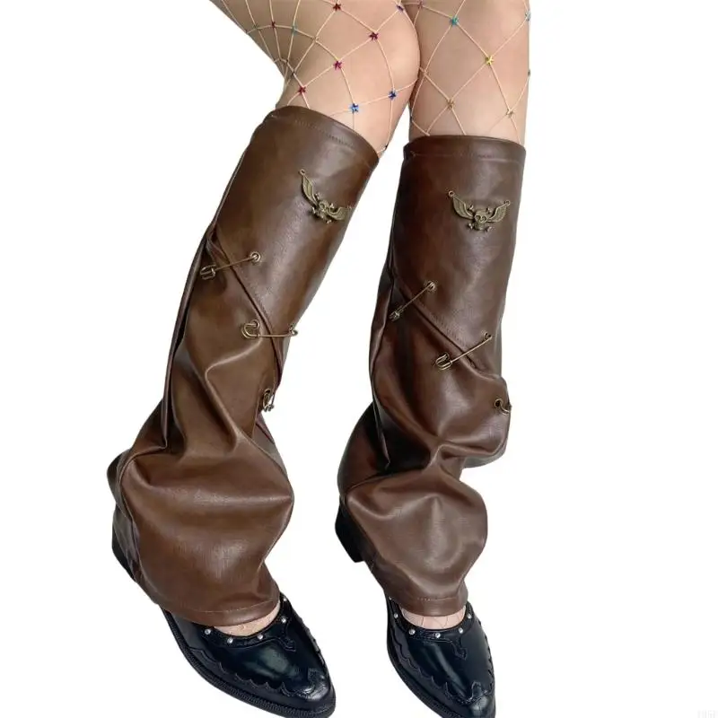 195E Women Subcultures Leg Gaiters Covers Harajuku Punk PU Leather Ripped Leg Warmer Baggy Grunge Flared Socks Streetwear